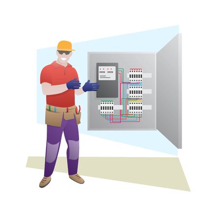 Electrician shows and talks about the electrical panel. Home improvement electrician services concept.のイラスト素材
