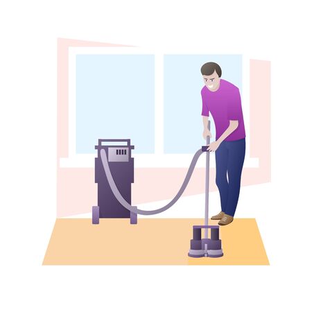 Man cleans carpet with professional equipment. Home Improvement Carpet Cleaning concept.のイラスト素材