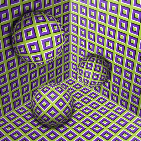 Three spheres move in corner. Optical illusion abstraction of checkered pattern.のイラスト素材