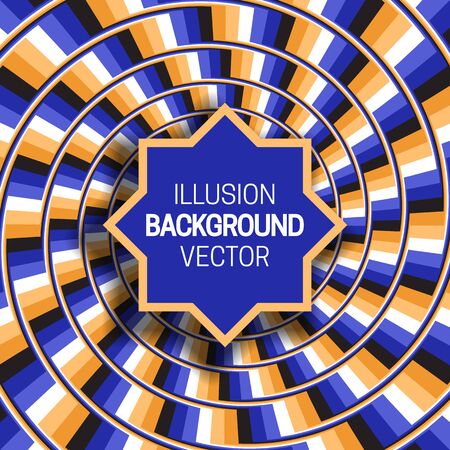 Octagram frame on orange blue optical illusion hypnotic background of rotating glitch stripes.のイラスト素材