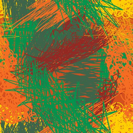 Abstract chaotic seamless pattern of sloppy marker pen scribbles. Urban autumn camouflage texture. Trendy colorful background.のイラスト素材