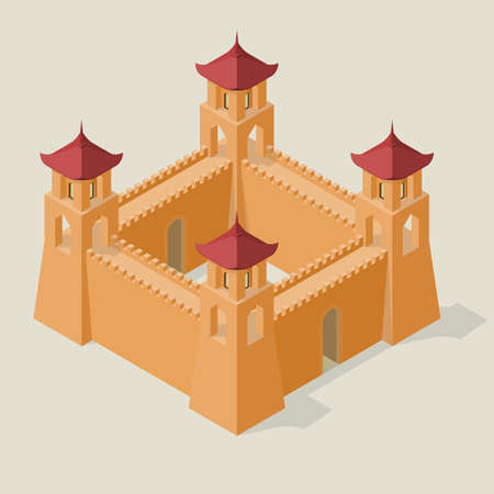 Isometric fortress with towers and walls. Fortifications in the Chinese style.のイラスト素材