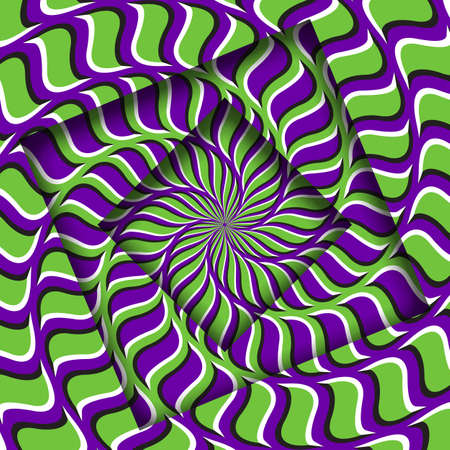 Abstract turned frames with a rotating purple green spiral pattern. Optical illusion hypnotic background.のイラスト素材