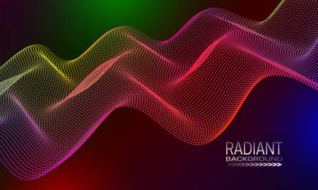 Radiant wavy background design with multicoloured dots and lines stream. Abstract cyberspace...