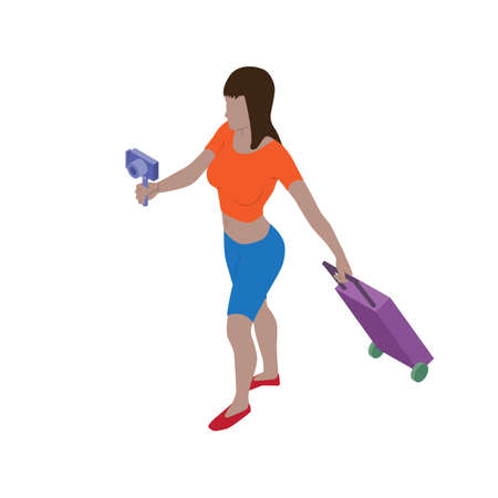Girl blogger with suitcase shoots video on camera. Isometric view. Traveler woman makes vlog content. Popular travel blogger concept.のイラスト素材