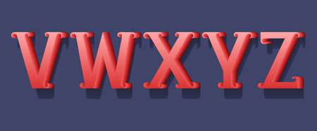 V, W, X, Y, Z red 3d letters with curly serifs. Volumetric retro font.