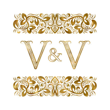 V and V vintage initials symbol. The letters are surrounded by ornamental elements. Wedding or business partners monogram in royal style.のイラスト素材