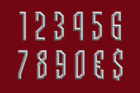 Volumetric prismatic numbers and currency signs. Metallic 3d display font.のイラスト素材