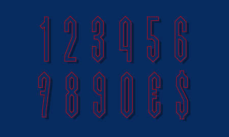 Red blue angular isolated numbers and currency signs with shifted stroke and shadow. Urban graphic display font.のイラスト素材