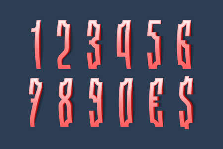 Volumetric red convex numbers and currency signs in old slavic style. 3d display font.
