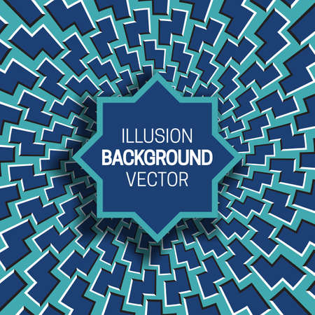 Octagram frame on blue optical illusion hypnotic background of rotating zigzag polygons.