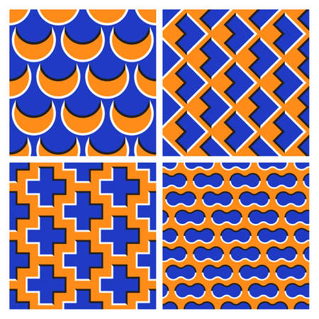 Set of orange blue optical illusion seamless patterns of moving sickles, arrows, crosses and clouds shapes.のイラスト素材