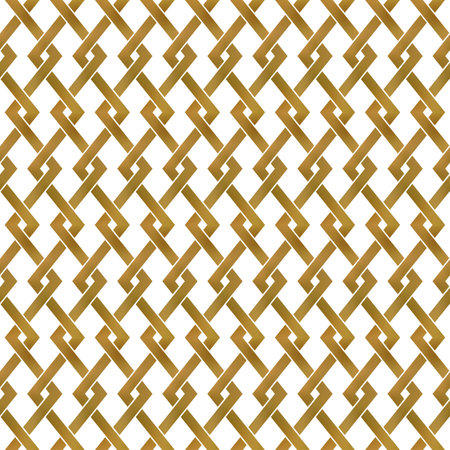 Abstract repeatable pattern background of golden twisted strips. Swatch of gold intertwined zigzag bands. Modern seamless pattern.のイラスト素材