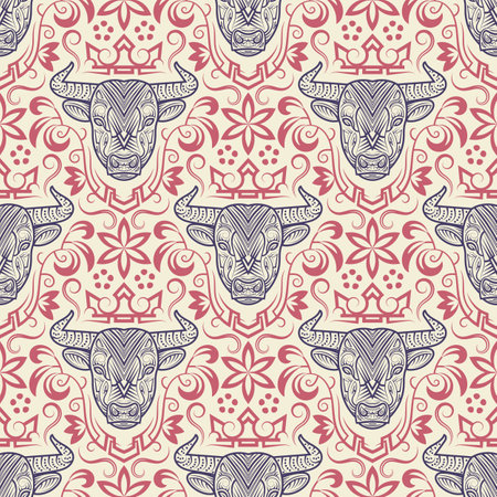 Vintage seamless pattern of ornamental sacred cow face. New Year 2021 gift wrapping of patterned ox head. Holiday wallpaper with Chinese zodiac symbol.のイラスト素材