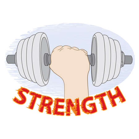 Dumbbell in hand. Conceptual logo with the inscription "Strength". Vector illustration, icon, element for design or a fashion print.のイラスト素材