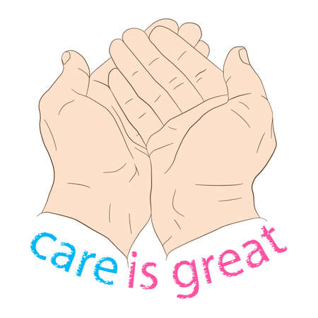 Hands holding something palms upward with the inscription Care Is Great. Vector illustration, icon, element for design or a fashion print.のイラスト素材