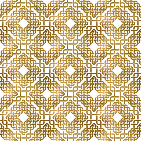 Traditional repeatable background of golden twisted strips. Swatch of gold plexus of bands. Modern seamless pattern.のイラスト素材