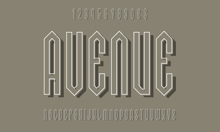 Avenue alphabet and numbers with white outline and gray shadow. Urban display font. Vector isolated english alphabet.のイラスト素材