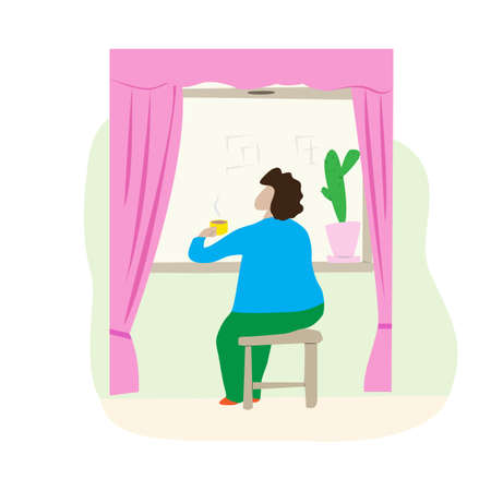 Woman sits on a chair by the window and drinks tea. Cartoon scene tea party at home alone. Elderly lady looks out the window.のイラスト素材