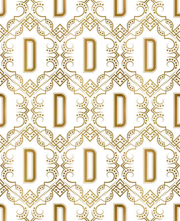 Golden initial seamless pattern with D letter. Heraldic vintage decorative wallpaper, fabric print or wrapping.のイラスト素材