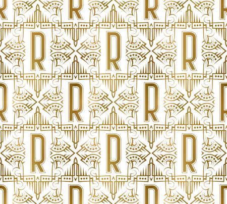 Golden initial seamless pattern with R letter. Heraldic vintage decorative wallpaper, fabric print or wrapping.のイラスト素材
