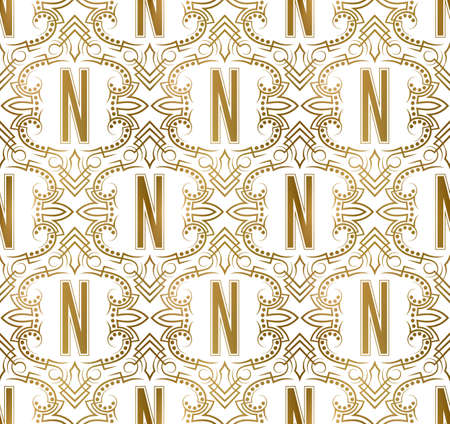 Golden initial seamless pattern with N letter. Heraldic vintage decorative wallpaper, fabric print...