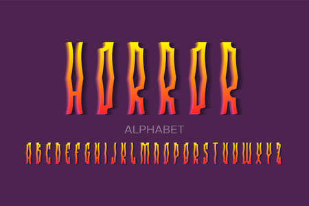 Horror alphabet of crooked fiery 3d letters. Volumetric artistic font. Isolated english alphabet.のイラスト素材