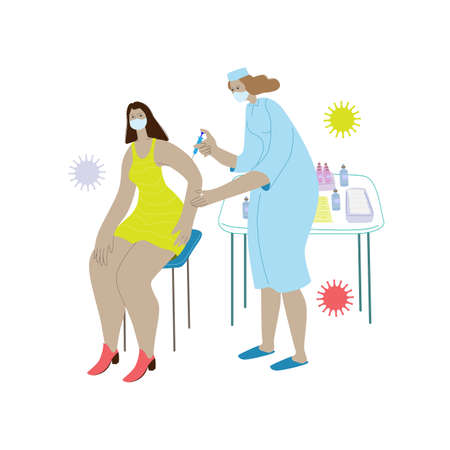 virus vaccination scene. Young woman receives a vaccine. Doctor giving an injection into her arm.のイラスト素材