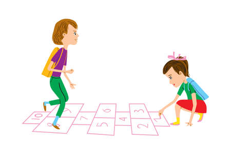 Schoolchildren play hopscotch. Girl draws with chalk and boy jumps on one leg. Back to school vector illustration.のイラスト素材