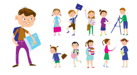 Set of different schoolchildren characters. Back to school vector illustration.のイラスト素材