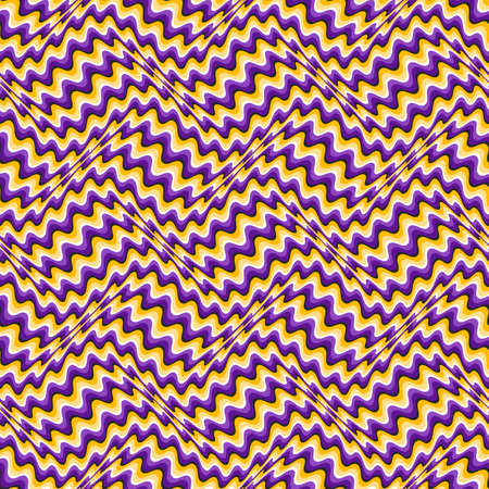 Optical illusion seamless pattern. Moving repeatable texture of purple and golden winding stripes.のイラスト素材