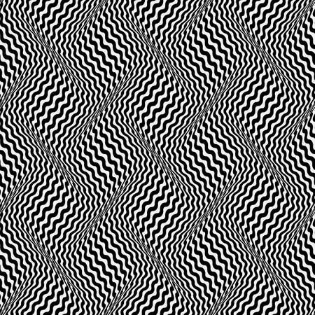 Optical seamless pattern of moving wavy stripes illusion. Black and white distorted striped repeatable texture. Psychedelic art wallpaper.のイラスト素材