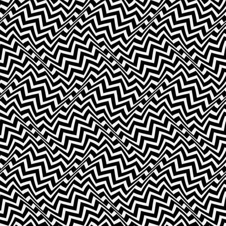 Optical art seamless pattern. Moving waves of zigzag stripes illusion. Black and white distorted striped repeatable texture.のイラスト素材