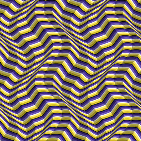 Optical illusion seamless pattern. Moving repeatable yellow purple warped striped faceted texture.のイラスト素材