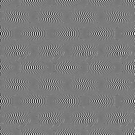 Warped seamless pattern of black wavy lines. Optical art repeatable texture. Vibrant dynamic wallpaper.のイラスト素材