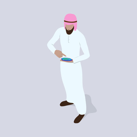 Man in arab traditional clothes stands with an electronic device in isometric view. Saudi person doing counting on tablet or phone.のイラスト素材