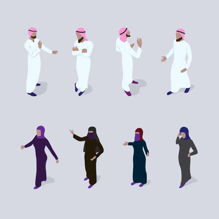 Isometric people set. Men and women in arab traditional clothes stand in different poses gesturing with their hands.のイラスト素材