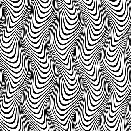Seamless pattern of black distorted lines. Optical illusion trippy repeatable texture of winding stripes.のイラスト素材