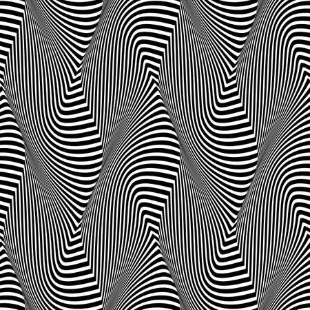 Black white seamless pattern of distorted striped waves. Optical art repeatable texture of trippy lines.のイラスト素材
