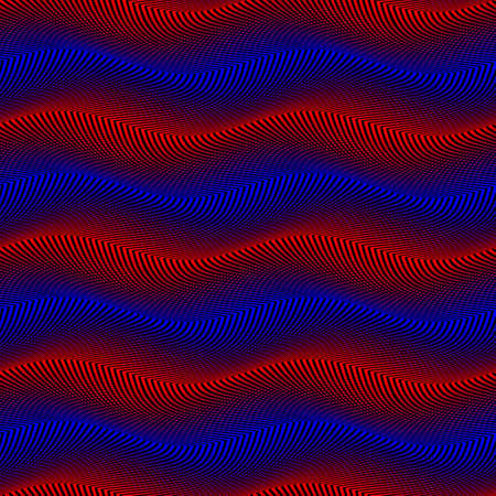 Vector moire seamless pattern of red and blue lines on black. Wavy colorful texture for wallpaper design.のイラスト素材
