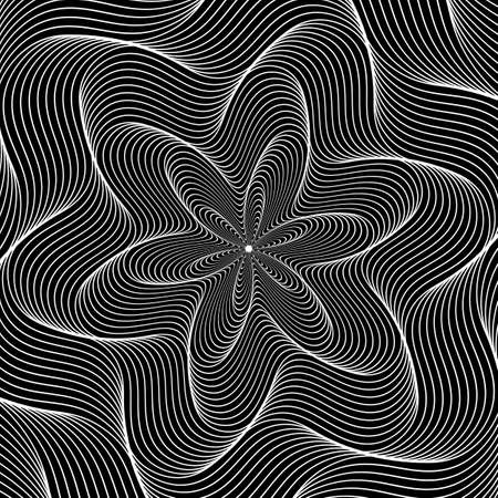 Op art circular pattern of swirling wavy white lines on black. Round abstract background design.のイラスト素材