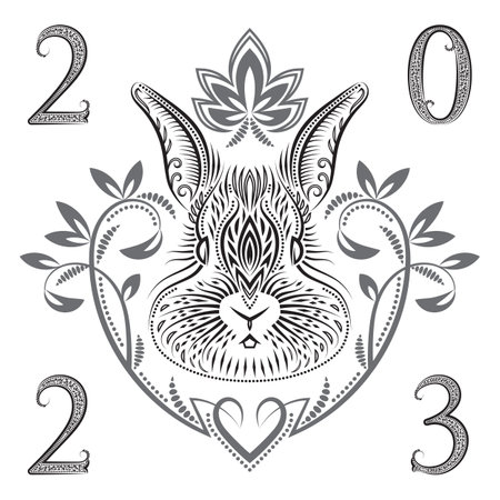 2023 New Year of Chinese horoscope greeting card with patterned rabbit head.のイラスト素材