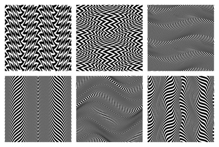 Seamless patterns set of black white distorted stripes. Optical vibrating fabric swatches design.のイラスト素材