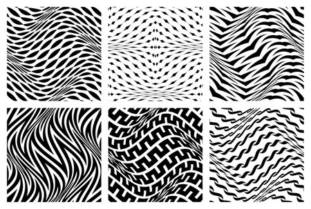 Optical seamless patterns set of warped shapes. Modern black and white fabric swatches design.のイラスト素材