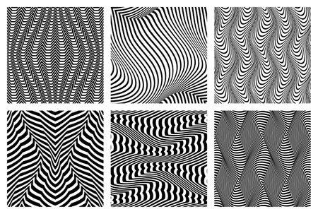 Seamless patterns set of black trippy stripes. Optical psychedelic fabric swatches design.のイラスト素材