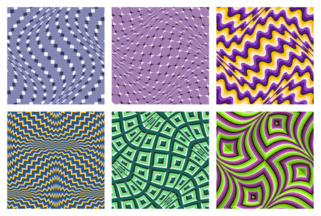 Colored optical illusion seamless patterns set. Moving fabric swatches design.のイラスト素材