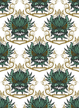 Seamless pattern of dragon muzzle in vintage frame. New Year 2024 gift wrapping of patterned dragon head. Holiday wallpaper with Chinese zodiac symbol.のイラスト素材