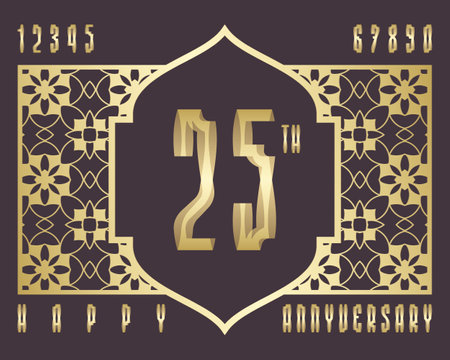 Happy anniversary sign kit in oriental style. Golden patterned numbers and vintage frame for creating celebratory label.のイラスト素材