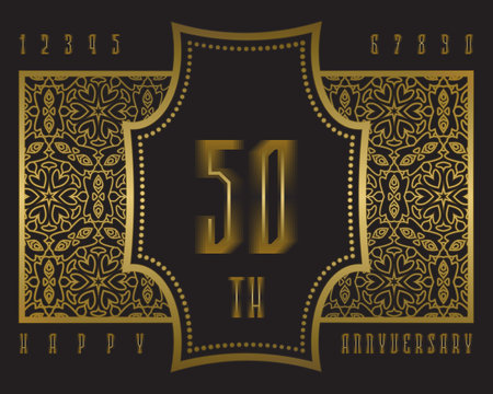 Happy anniversary ornate sign kit. Golden patterned numbers and vintage frame for creating luxurious celebratory label.のイラスト素材