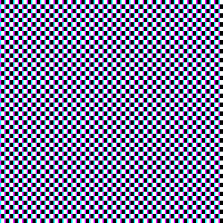 Optical art background of white black and cyan magenta checkered pattern in anaglyph style. Psychedelic square chess design.のイラスト素材